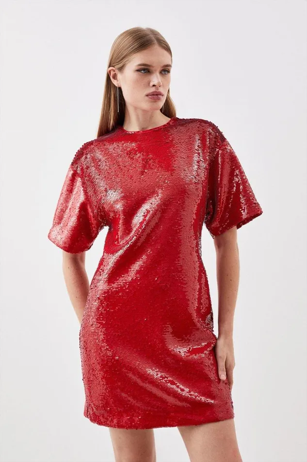 Dresses Women Karen Millen Petite Sequin Woven Mini Dress Red