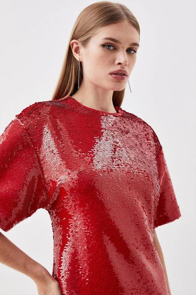 Dresses Women Karen Millen Petite Sequin Woven Mini Dress Red