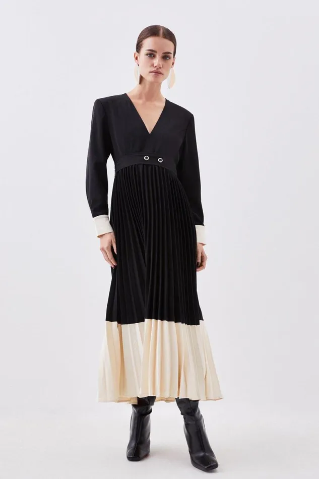Dresses Women Karen Millen Petite Twill Pleated Colour Block Woven Maxi Dress Mono Dresses Women Karen Millen Petite Twill Pleated Colour Block Woven Maxi Dress Mono