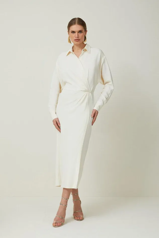 Dresses Women Karen Millen Petite Viscose Crepe Long Sleeve Woven Midi Shirt Dress Cream