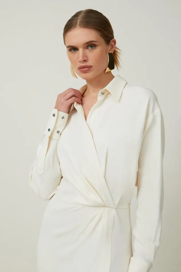 Dresses Women Karen Millen Petite Viscose Crepe Long Sleeve Woven Midi Shirt Dress Cream