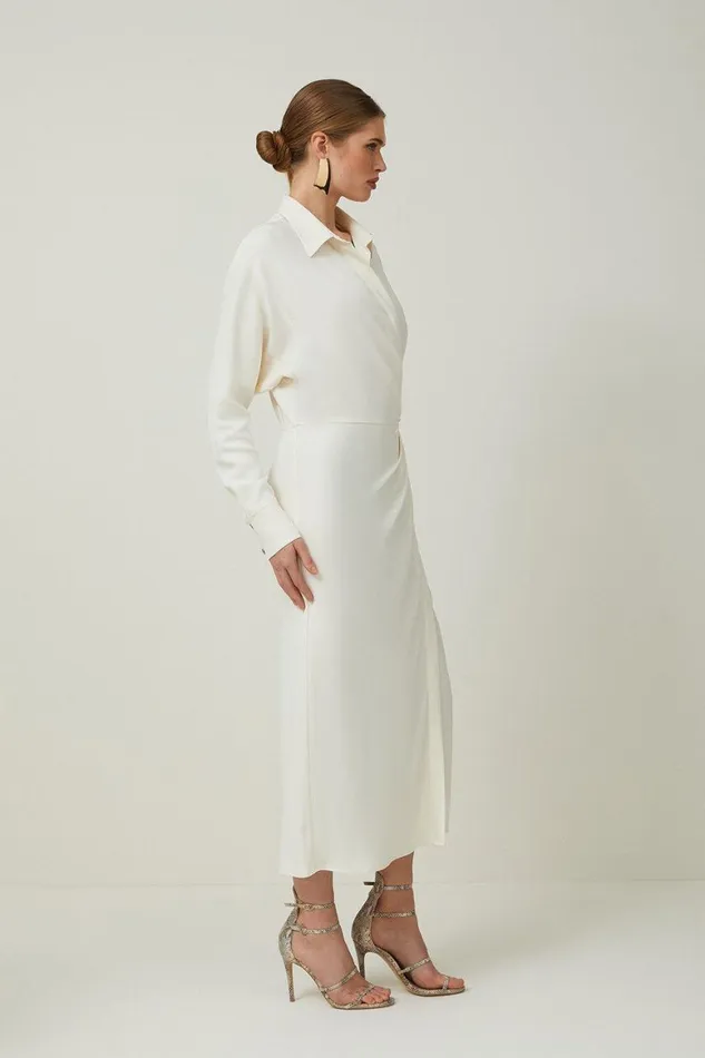 Dresses Women Karen Millen Petite Viscose Crepe Long Sleeve Woven Midi Shirt Dress Cream