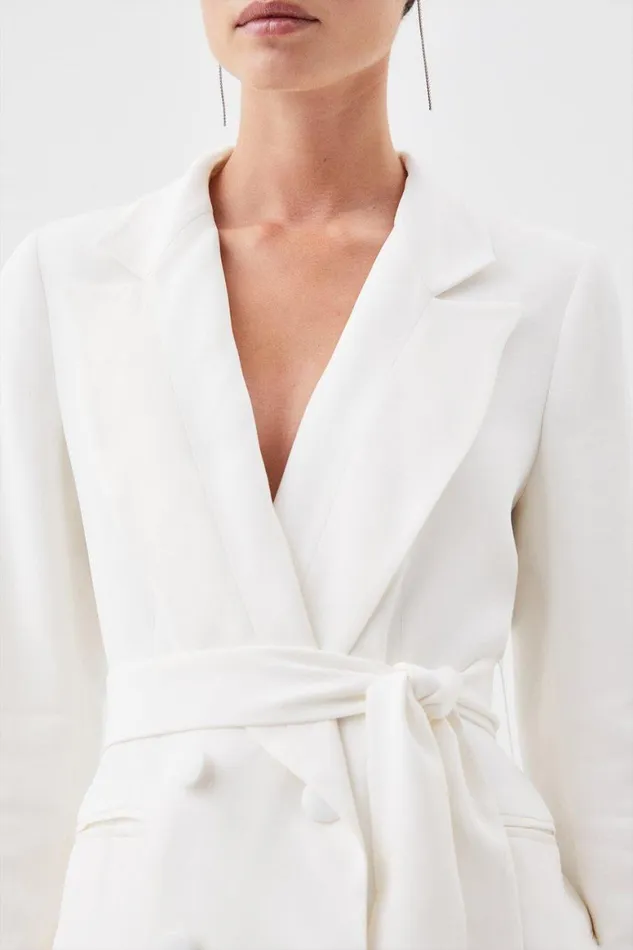 Dresses Women Karen Millen Petite Viscose Satin Crepe Feather Hem Double Breasted Tux Tailored Mini Dress Ivory