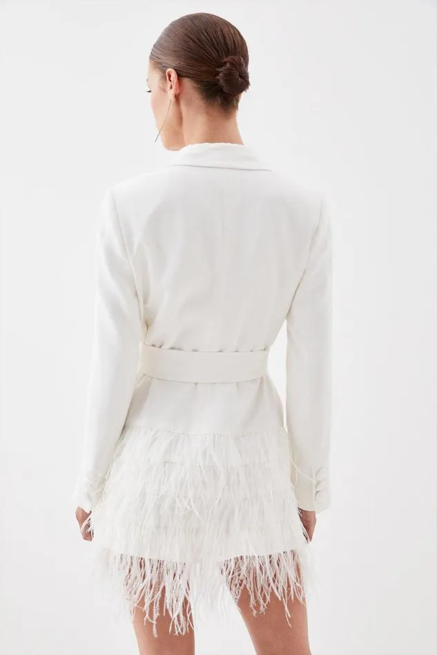 Dresses Women Karen Millen Petite Viscose Satin Crepe Feather Hem Double Breasted Tux Tailored Mini Dress Ivory