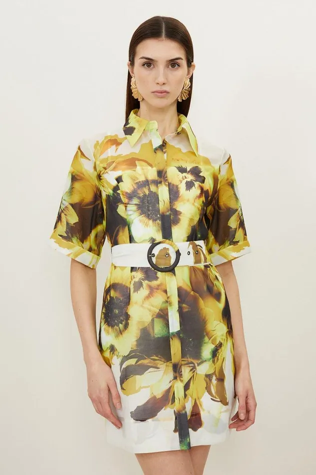 Dresses Women Karen Millen Photographic Floral Organdie Belted Mini Dress Yellow
