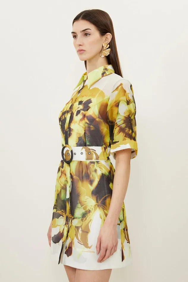 Dresses Women Karen Millen Photographic Floral Organdie Belted Mini Dress Yellow