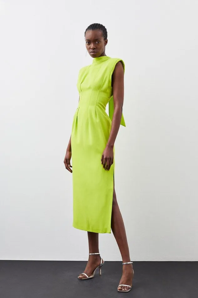 Dresses Women Karen Millen Pintuck Tie Neck Woven Column Maxi Dress Lime