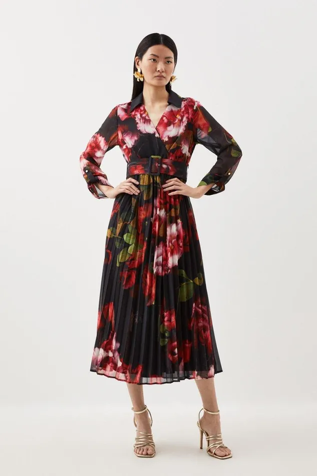 Dresses Women Karen Millen Pleated Georgette Woven Midi Dress Floral