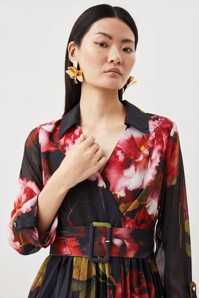 Dresses Women Karen Millen Pleated Georgette Woven Midi Dress Floral