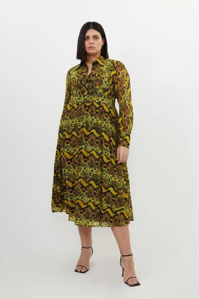 Dresses Women Karen Millen Plus Size Snake Print Georgette Woven Shirt Midi Dress Snake
