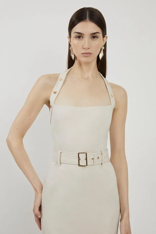 Dresses Women Karen Millen Ponte Jersey Strappy Waterfall Hem Midi Dress Cream