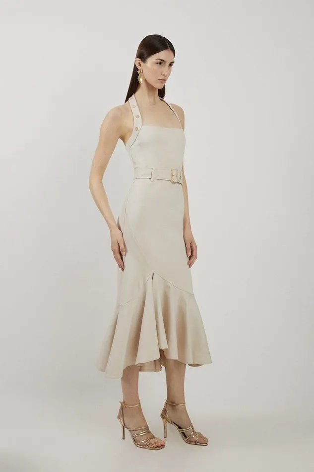 Dresses Women Karen Millen Ponte Jersey Strappy Waterfall Hem Midi Dress Cream