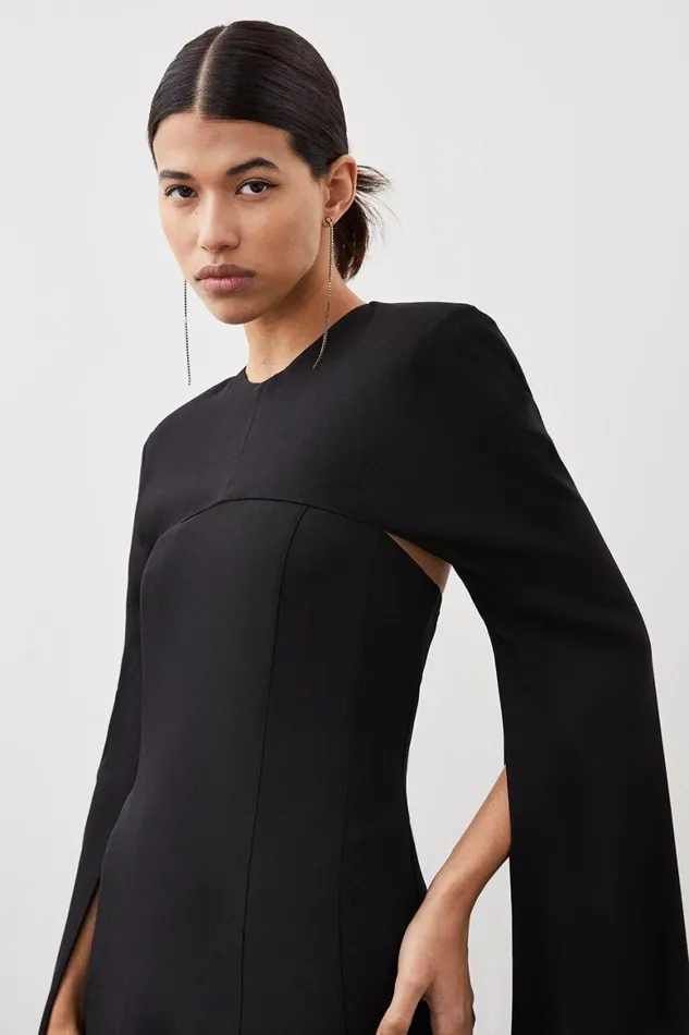 Dresses Women Karen Millen Premium Bonded Viscose Crepe Detachable Cape Woven Maxi Dress Black