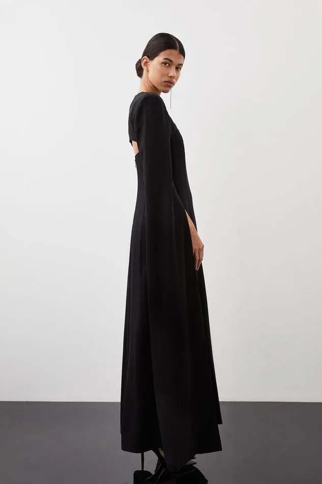 Dresses Women Karen Millen Premium Bonded Viscose Crepe Detachable Cape Woven Maxi Dress Black