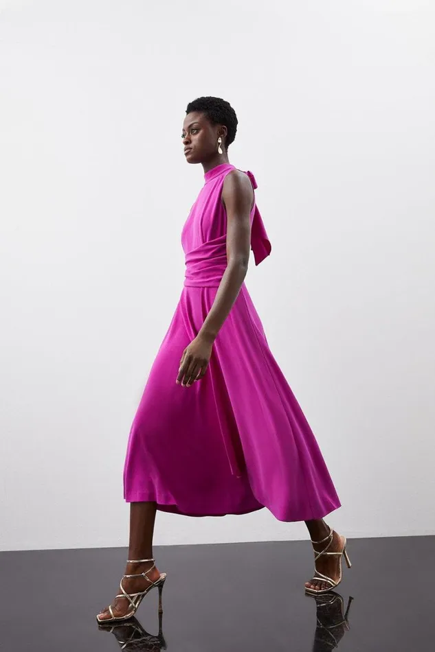 Dresses Women Karen Millen Premium Crepe Tie Halter Drape Midi Dress Magenta