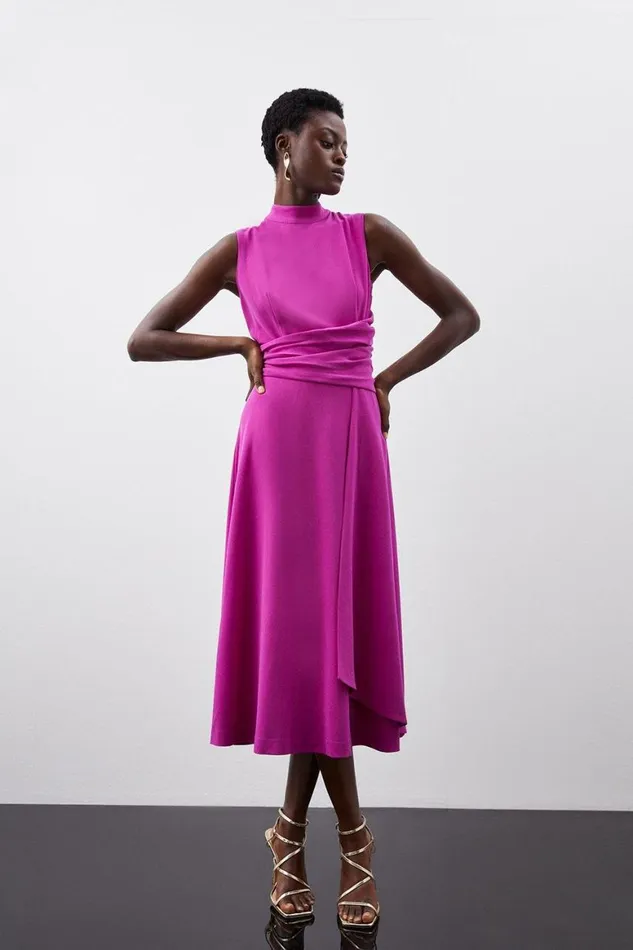 Dresses Women Karen Millen Premium Crepe Tie Halter Drape Midi Dress Magenta