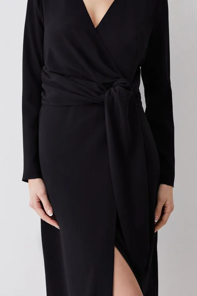 Dresses Women Karen Millen Premium Lightweight Fluid Crepe Drape Wrap Midi Dress Black