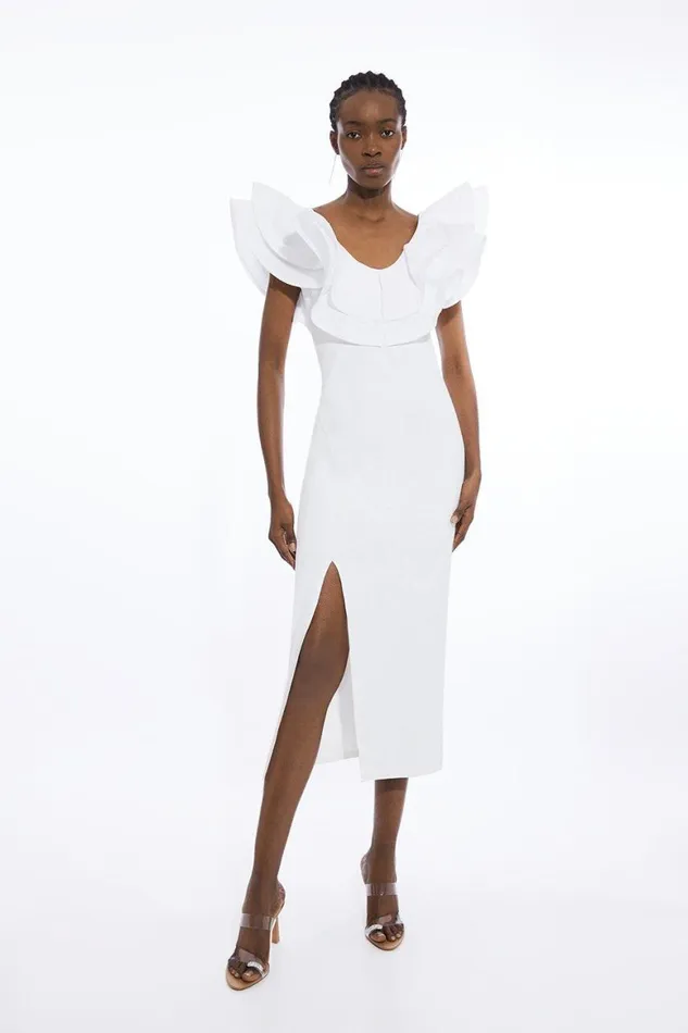 Dresses Women Karen Millen Ruffle Ponte And Cotton Mix Jersey Side Split Maxi Dress White Dresses Women Karen Millen Ruffle Ponte And Cotton Mix Jersey Side Split Maxi Dress White