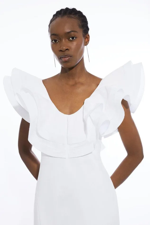 Dresses Women Karen Millen Ruffle Ponte And Cotton Mix Jersey Side Split Maxi Dress White