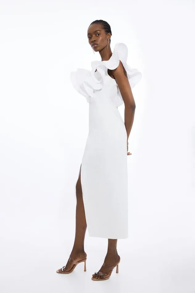 Dresses Women Karen Millen Ruffle Ponte And Cotton Mix Jersey Side Split Maxi Dress White