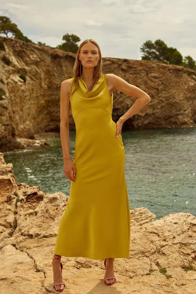 Dresses Women Karen Millen Satin Back Crepe Column Woven Midaxi Dress Ochre