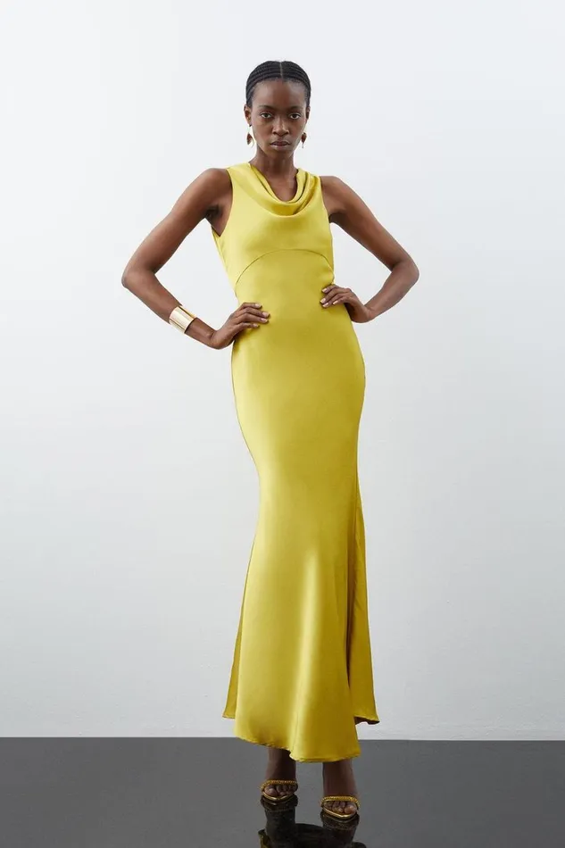 Dresses Women Karen Millen Satin Back Crepe Column Woven Midaxi Dress Ochre