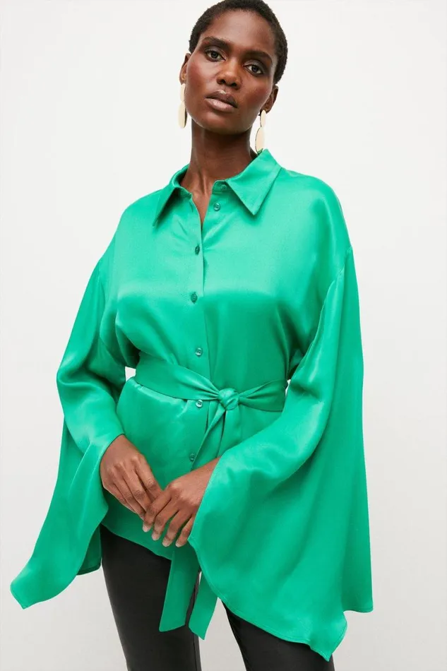 Dresses Women Karen Millen Satin Back Crepe Flared Sleeve Shirt Green