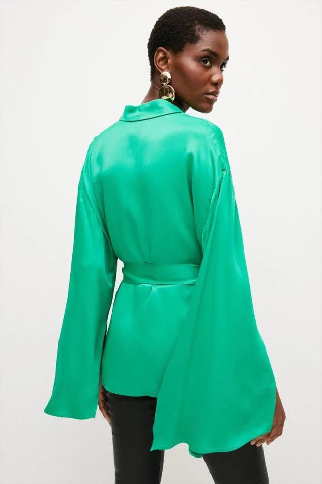 Dresses Women Karen Millen Satin Back Crepe Flared Sleeve Shirt Green