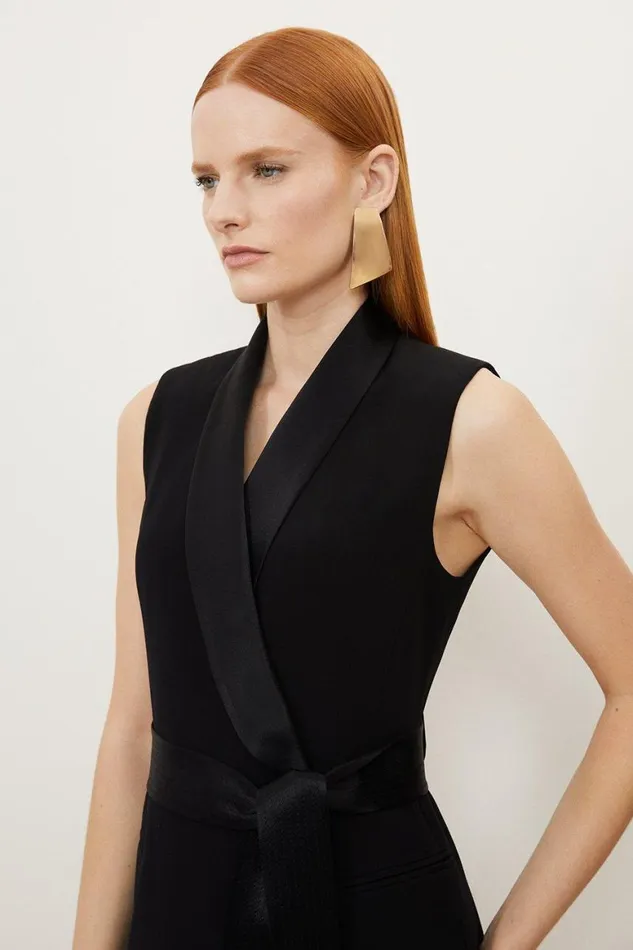 Dresses Women Karen Millen Satin Back Crepe Sleeveless Tuxedo Tailored Wrap Mini Dress Black