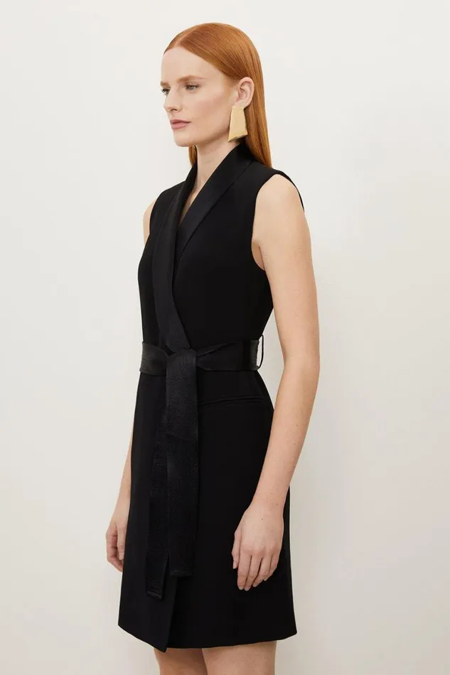 Dresses Women Karen Millen Satin Back Crepe Sleeveless Tuxedo Tailored Wrap Mini Dress Black