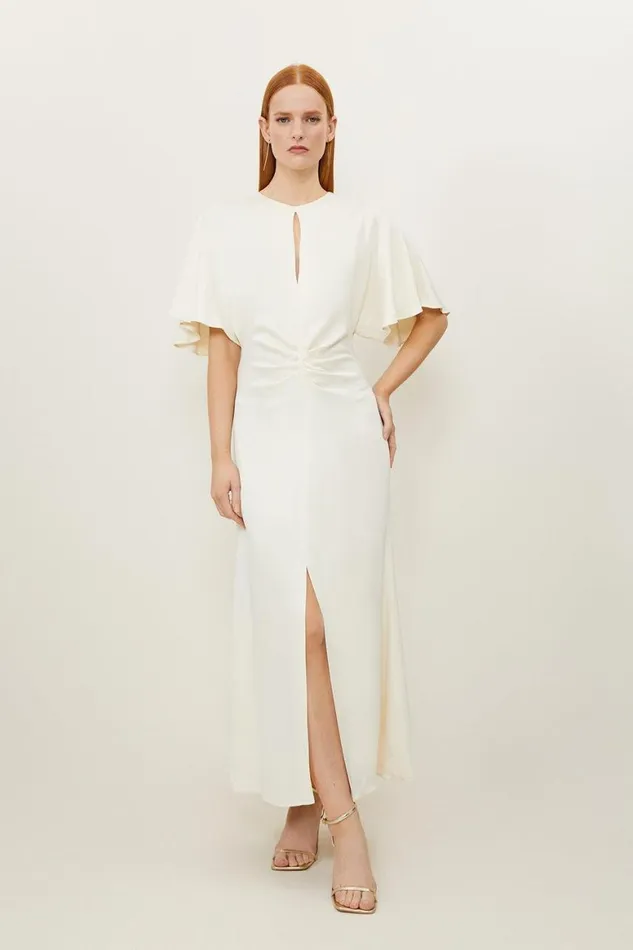 Dresses Women Karen Millen Satin Crepe Woven Angel Sleeve Midi Dress Cream