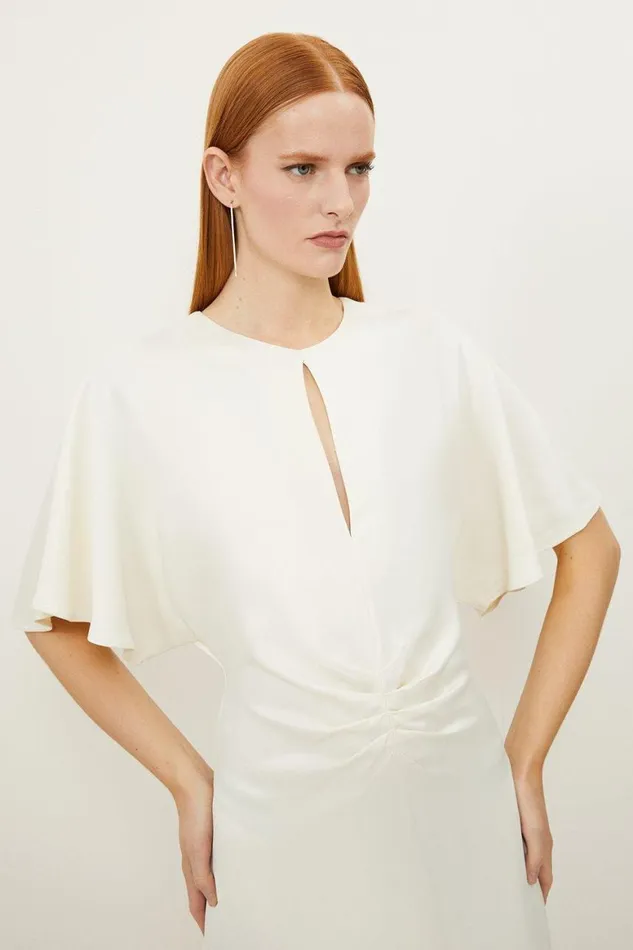 Dresses Women Karen Millen Satin Crepe Woven Angel Sleeve Midi Dress Cream