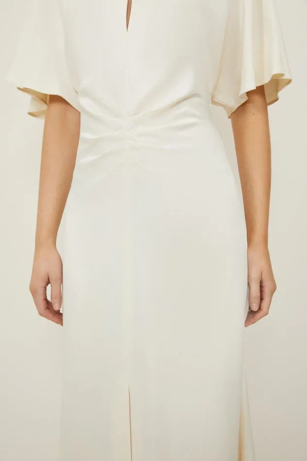 Dresses Women Karen Millen Satin Crepe Woven Angel Sleeve Midi Dress Cream