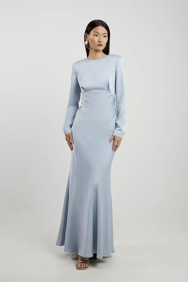 Dresses Women Karen Millen Satin Long Sleeve Maxi Dress Baby Blue