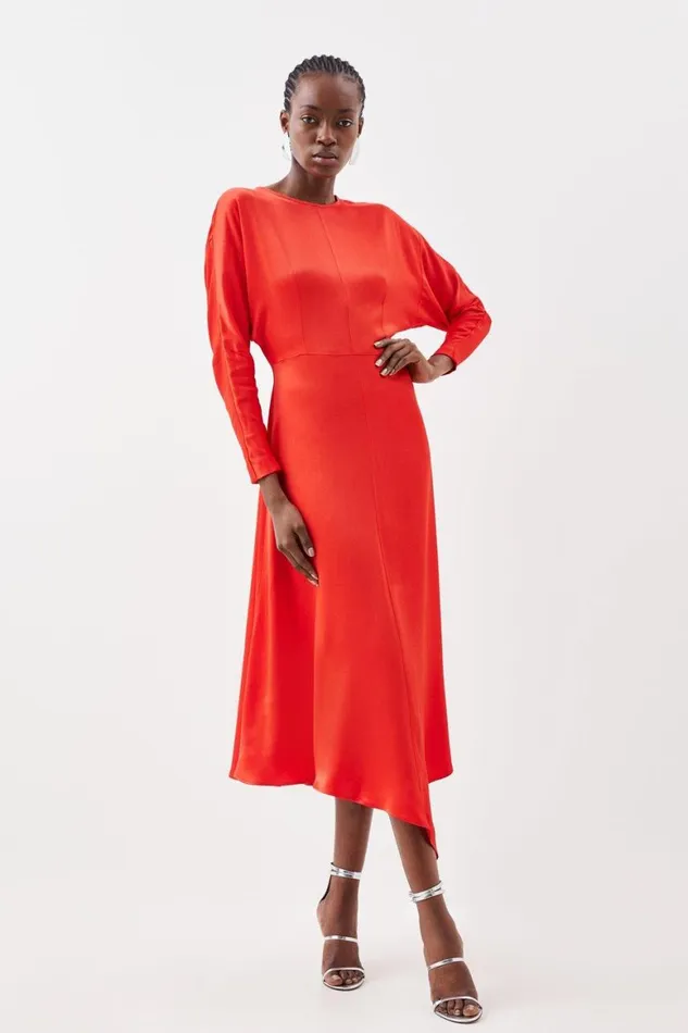 Dresses Women Karen Millen Satin Woven Crepe Long Sleeve Maxi Dress Red