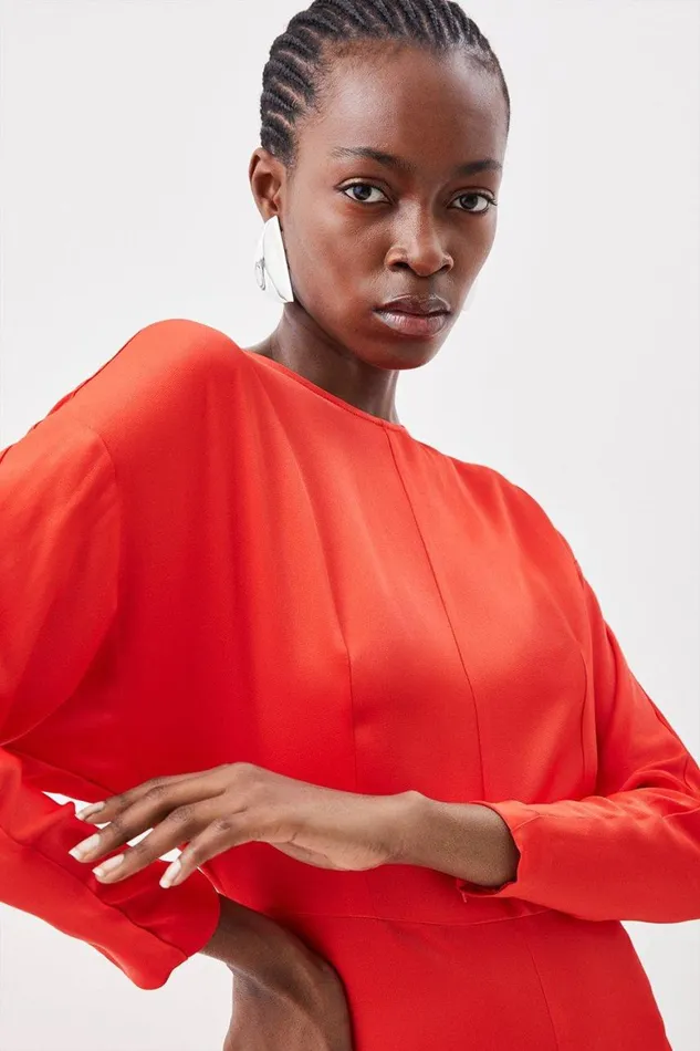 Dresses Women Karen Millen Satin Woven Crepe Long Sleeve Maxi Dress Red