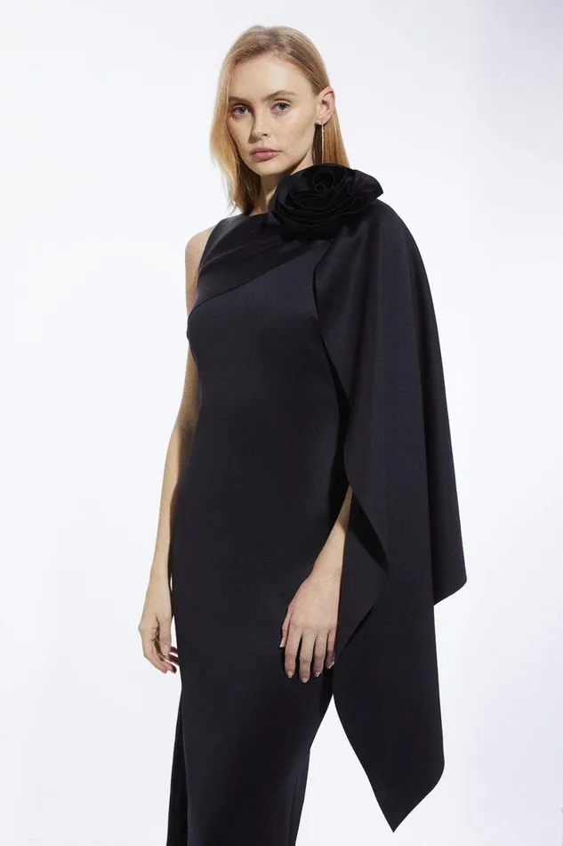 Dresses Women Karen Millen Scuba Crepe Dramatic Rosette Woven Cape Midi Dress Black