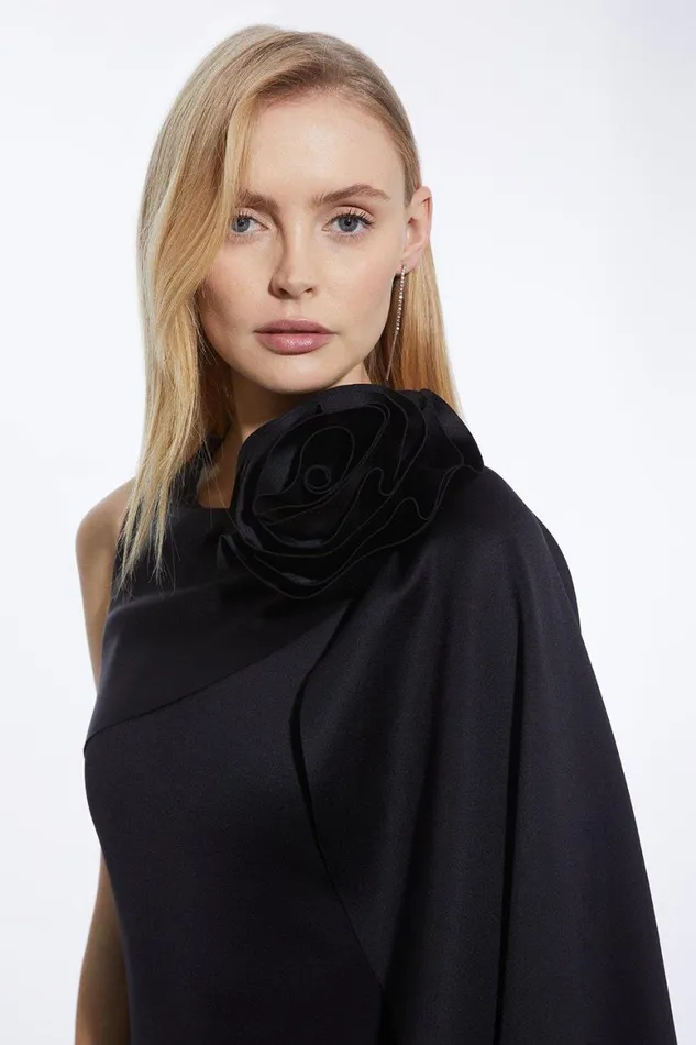 Dresses Women Karen Millen Scuba Crepe Dramatic Rosette Woven Cape Midi Dress Black