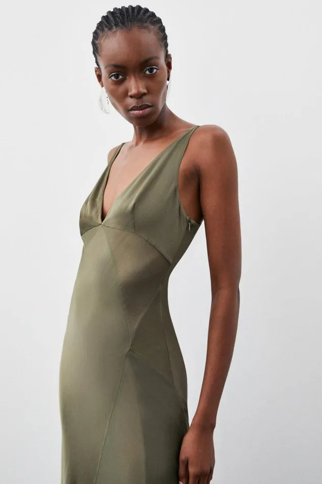 Dresses Women Karen Millen Sheer Panelled Satin Woven Maxi Dress Khaki