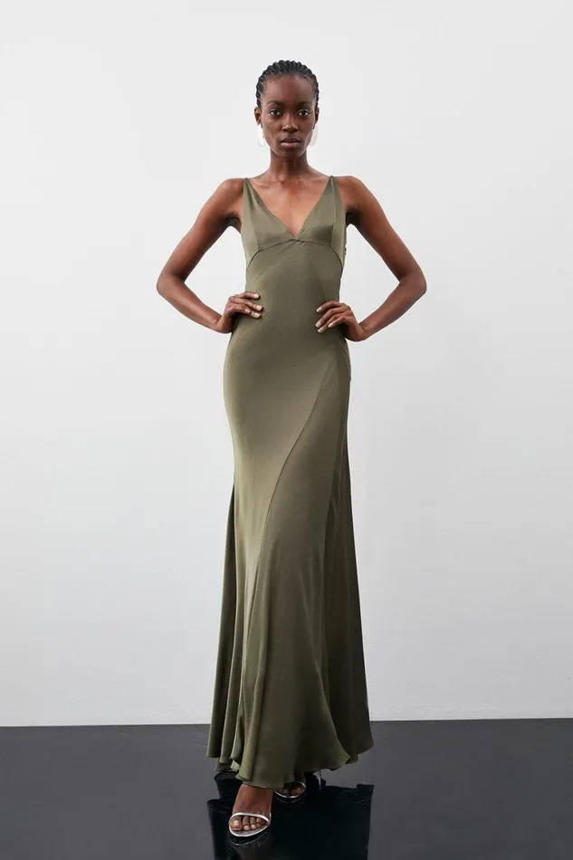 Dresses Women Karen Millen Sheer Panelled Satin Woven Maxi Dress Khaki