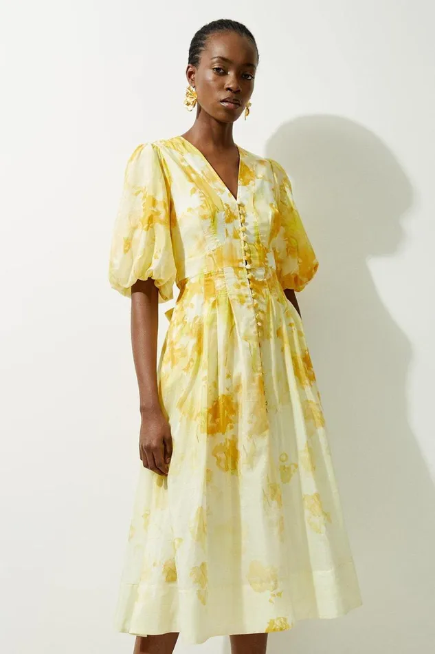 Dresses Women Karen Millen Silk Cotton Trailing Floral Puff Sleeve Midi Dress Yellow