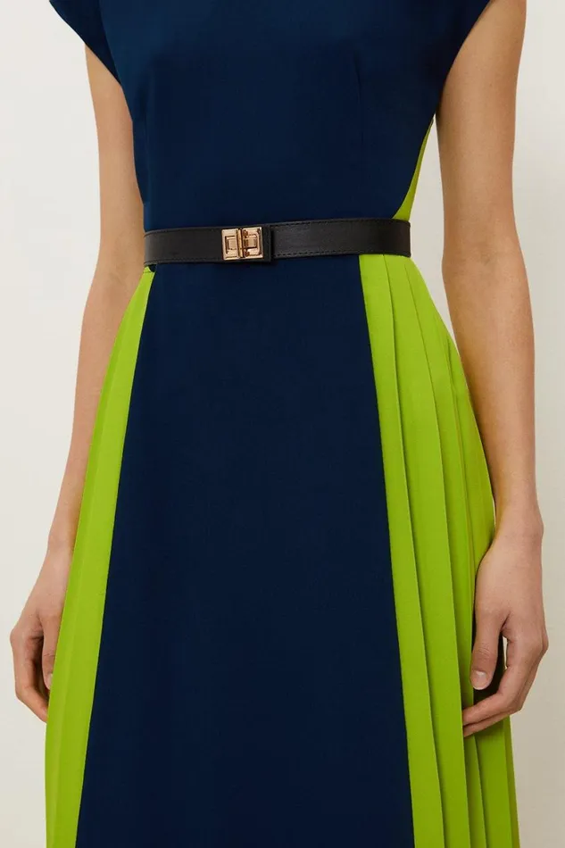 Dresses Women Karen Millen Soft Tailored Contrast Pleated Panel Skirt Midi Dress Navy