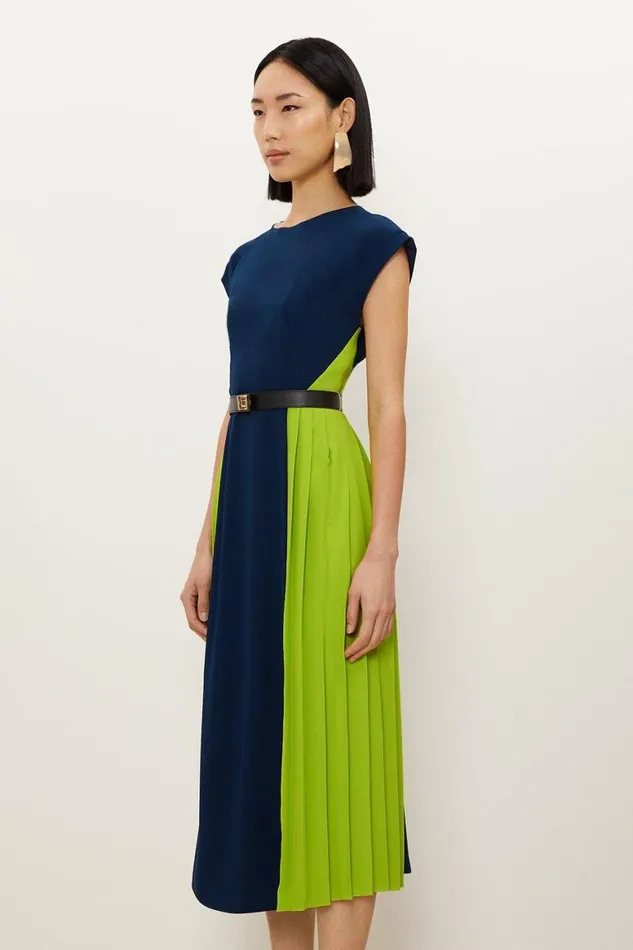 Dresses Women Karen Millen Soft Tailored Contrast Pleated Panel Skirt Midi Dress Navy