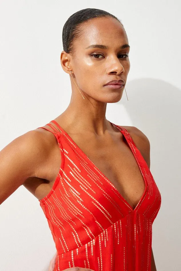 Dresses Women Karen Millen Strappy Metallic Viscose Georgette Beach Dress Orange