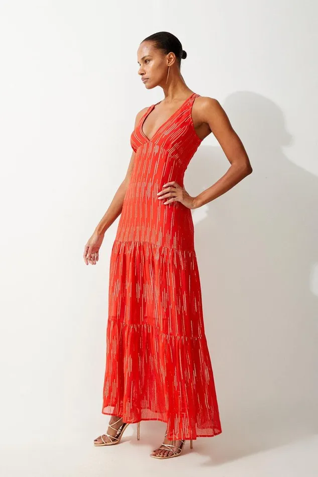 Dresses Women Karen Millen Strappy Metallic Viscose Georgette Beach Dress Orange