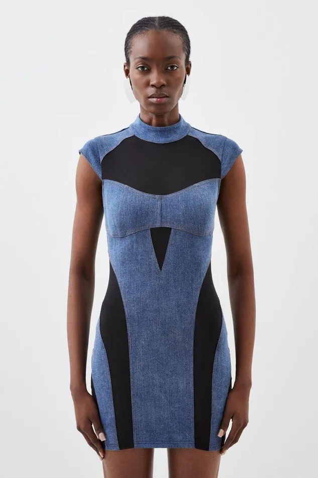 Dresses Women Karen Millen Stretch Denim And Mesh Panelled Mini Dress Denim