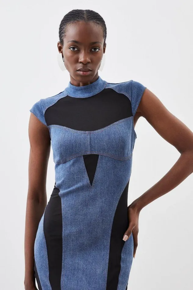 Dresses Women Karen Millen Stretch Denim And Mesh Panelled Mini Dress Denim