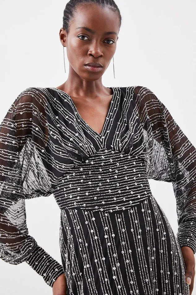 Dresses Women Karen Millen Stripe Embellished Plunge Batwing Maxi Dress Black