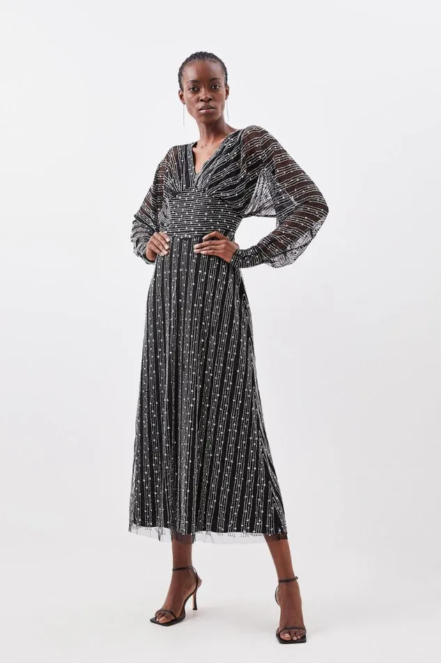 Dresses Women Karen Millen Stripe Embellished Plunge Batwing Maxi Dress Black