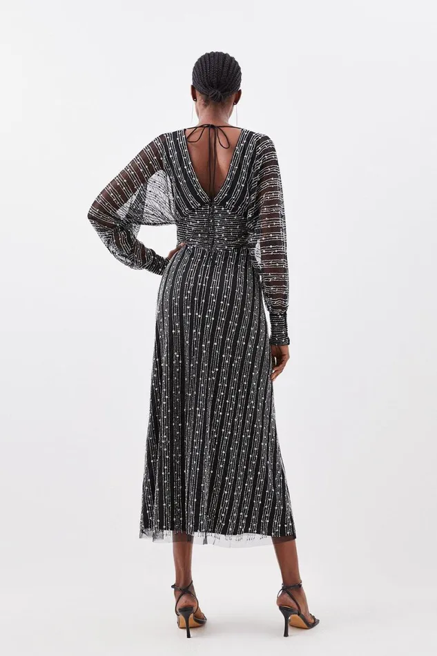 Dresses Women Karen Millen Stripe Embellished Plunge Batwing Maxi Dress Black